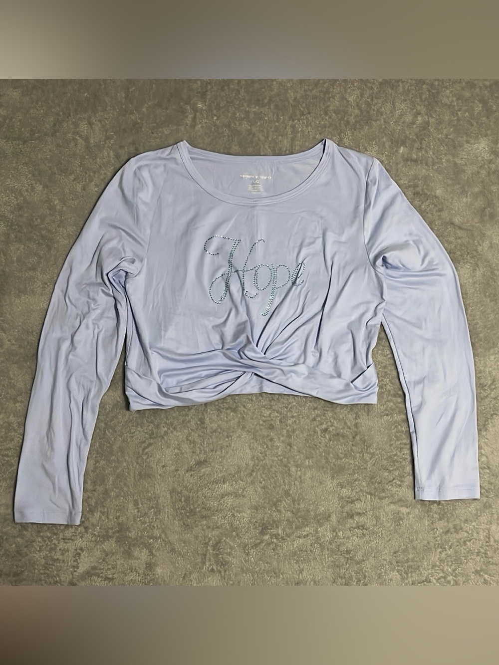 Harmony Balance Light Blue Rhinestone Hope Twist Front Long Sleeve Crop Top LG